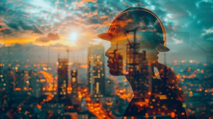 Double exposure of an engineer with cityscape at sunset