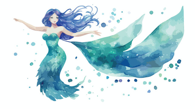Watercolor flying Mermaid Flat vector isolated on white
