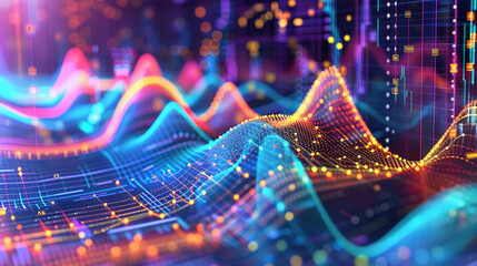Dynamic charts and graphs illustrating the dynamic nature of scientific progress, accented by digital indices in the background. 32K. - obrazy, fototapety, plakaty