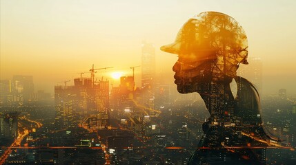 Double exposure of engineer with building construction