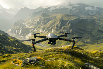 a drone flying over a mountain - obrazy, fototapety, plakaty