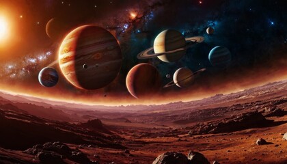 Space background with planets. Panoramic view of the planets