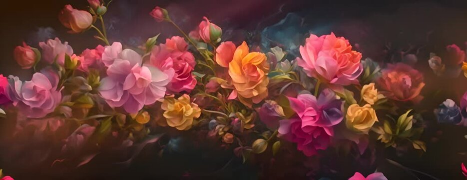 A vibrant explosion of roses on a deep, mysterious black backdrop paints a captivating scene of natural beauty and wonder 4K Video