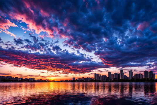 Colorful sunset sky and clouds, image twilight background. Abstract nature backgrounds. Dramatic blue and orange, colorful clouds at twilight time. Copy space for site