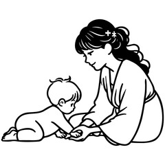 Mother and Baby Care Sketch Drawing.