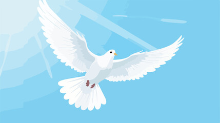 White dove flying on sunny blue sky Flat vector