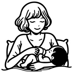 Mother Bottle Feeding Line Illustration.