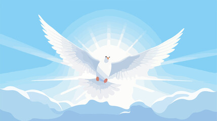 White dove flying on sunny blue sky Flat vector