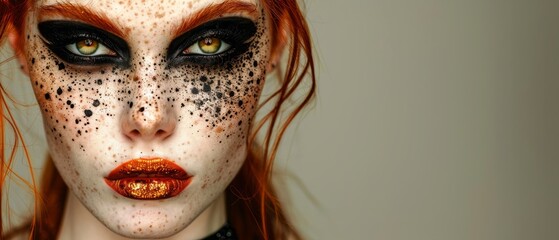  A close-up of a woman's face with black and orange makeup and freckles