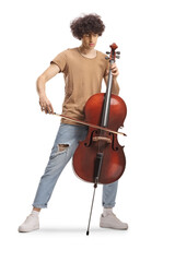 Cool young man playing a cello - obrazy, fototapety, plakaty