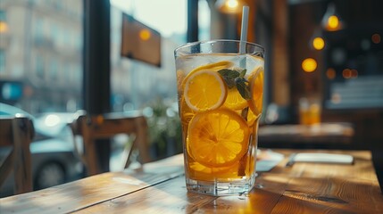Refreshing lemonade in a glass on a coffee shop table