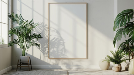 Frame mockup on white wall, White vertical frame on white wall. 3d illustration. frame with blank poster mockup on wooden table with green plant in pot.  Blank A4 hanging poster