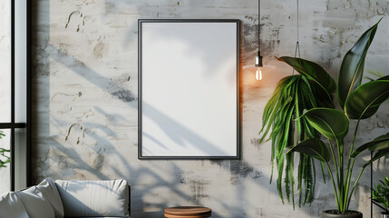 table and chairs, Frame mockup on white wall, White vertical frame on white wall. 3d illustration. frame with blank poster mockup on wooden table with green plant in pot.  Blank A4 hanging poster