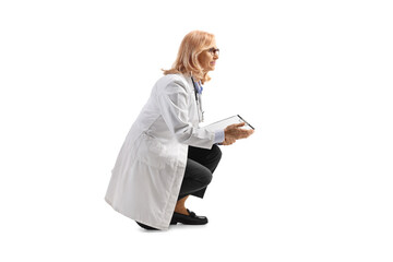 Female doctor kneeling and looking to the side
