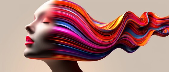  A woman's head with a multicolored wave-shaped hair on top of it