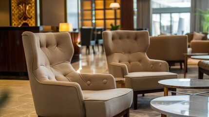 Modern lobby of the hotel with comfortable creamy brown armchairs, Generative AI