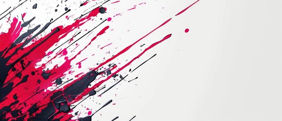  A red and black paint splatter on a white background with a black stripe at the bottom