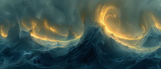  A vibrant depiction of a vast water expanse ablaze with fiery yellows emanating from its peak