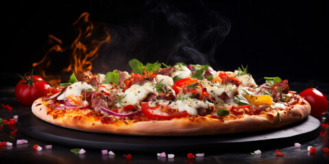 A close up fron view of the fresh and hot pizza in the restaurant .