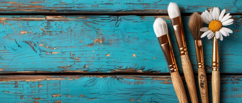  A trio of brushes rests beside a bloom on a blue-toned wooden table, with a paintbrush nestled within