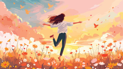 Young woman enjoys beautiful nature. A running girl white