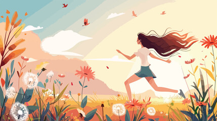 Obraz na płótnie Canvas Young woman enjoys beautiful nature. A running girl white