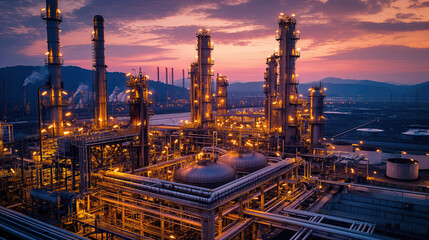 An oil and gas refinery operates against a dusk backdrop, the intricate network of pipes and towers illuminated as they process vital energy resources