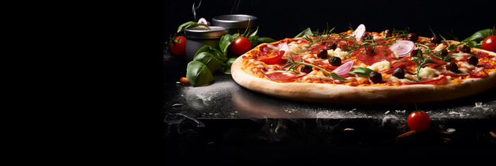 A close up fron view of the fresh and hot pizza in the restaurant .