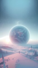 a person standing on a snowy hill looking at an alien planet mobile wallpaper