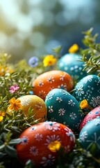 Fototapeta na wymiar Easter background with lively colors, decorated eggs 