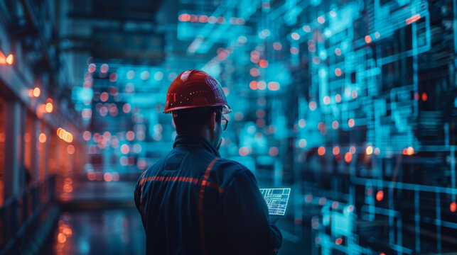 Engineer with a hard hat inside a futuristic data center with digital blueprints overlay.