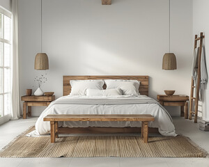 Sleek, white-walled bedroom with minimalist furniture, accented by warm wood tones and overhead contemporary lighting