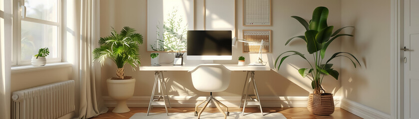 Inviting, sunlit home office with a clean, white desk, ergonomic chair, and a thoughtfully arranged mood board on the wall