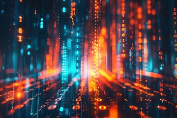 Obraz premium Digital background featuring glowing binary code, orange and blue lights. Abstract digital art with numbers in the foreground