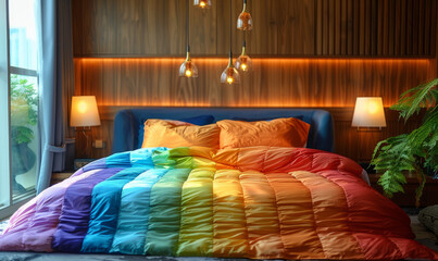 Rainbow HBTQ bed in a cozy bedroom interior