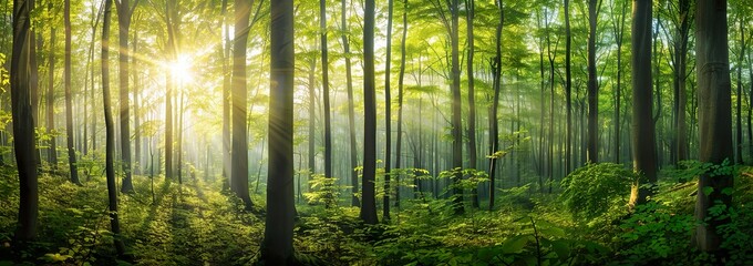 Fototapeta na wymiar panoramic view of a beautiful green forest with tall trees and sunlight shining through the leaves, Forest panorama with sun rays