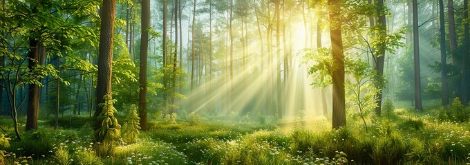 panoramic view of a beautiful green forest with tall trees and sunlight shining through the leaves, Forest panorama with sun rays