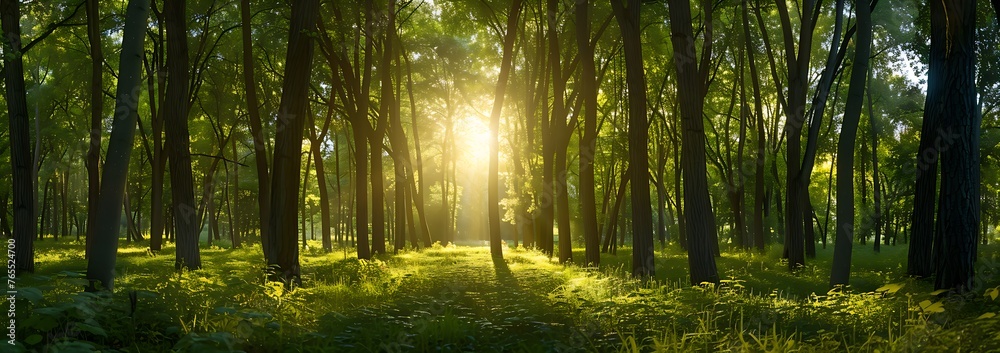 Wall mural panoramic view of a beautiful green forest with tall trees and sunlight shining through the leaves, 