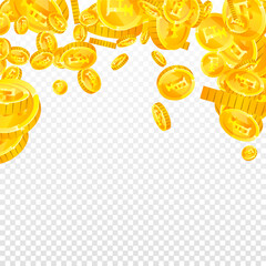 Swiss franc coins falling. Gold scattered CHF
