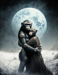 Magnifique portrait d'un couple de singes enlacés, une lune blanche en arrière plan, le décor est enneigé de nuit,  le mâle a un corps de robot, la femelle porte un vêtement en tissu brun sombre 