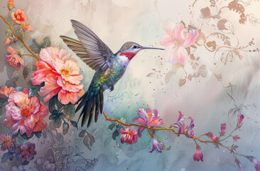 A hummingbird hovering near vibrant flowers, with its iridescent plumage and long beak creating an enchanting scene of nature's beauty