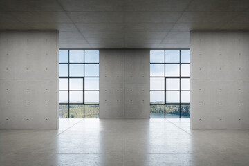 Empty concrete wall with window. 3d rendering of abstract interior space with lake view background.