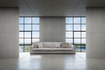 Empty concrete wall with sofa and window. 3d rendering of interior space with lake view background.