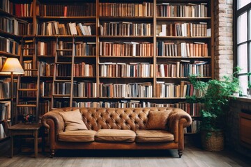 Bookshelves in the library. Large bookcase with lots of books. Sofa in the room for reading books. Library or shop with bookcases. Cozy book background. Bookish, bookstore, bookshop - generative ai