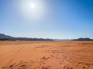 Amazing wonders on Jordan. Wadi Rum Desert. Bright Sun over the desert. Desert landscape