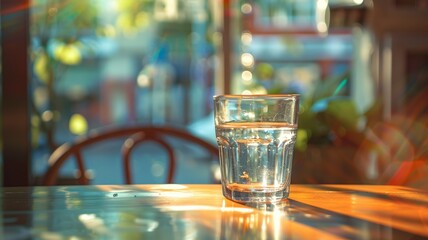 A clear glass of water is placed on top of a wooden table - obrazy, fototapety, plakaty