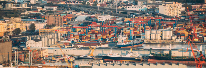 Naples, Italy. Top View Of Barge Freight Ship Tanker And Container Terminal In Port Of Naples. - 765525397