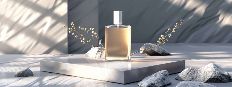 Transparent bottle of essence perfume on a minimalistic background with stone, sand and dry flowers. Trending concept of women's and men's essence for branding mockup. Minimal style perfumery template