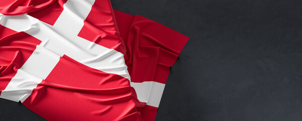 Flag of Denmark. Fabric textured Denmark flag isolated on dark background. 3D illustration - 765525713