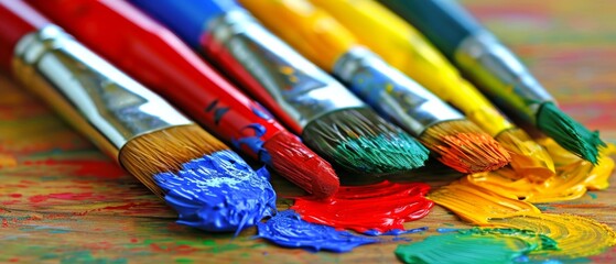 Fototapeta premium A collection of brushes atop a table, each with distinct hues of paint